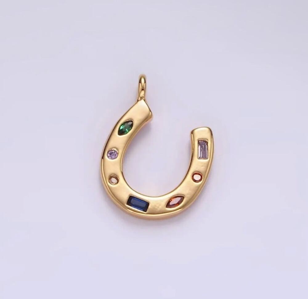 14K Gold Filled Cz Multicolor Dotted Lucky Horseshoe Charm | AC-819